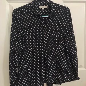 Loft button up navy and break polka dot blouse